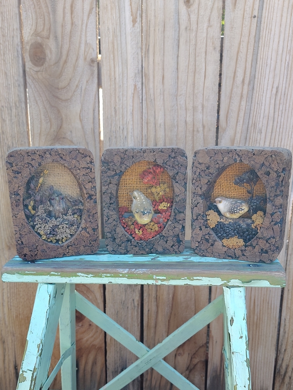 Vintage Handcrafted Cork Bird Shadow Box Trio 1970s